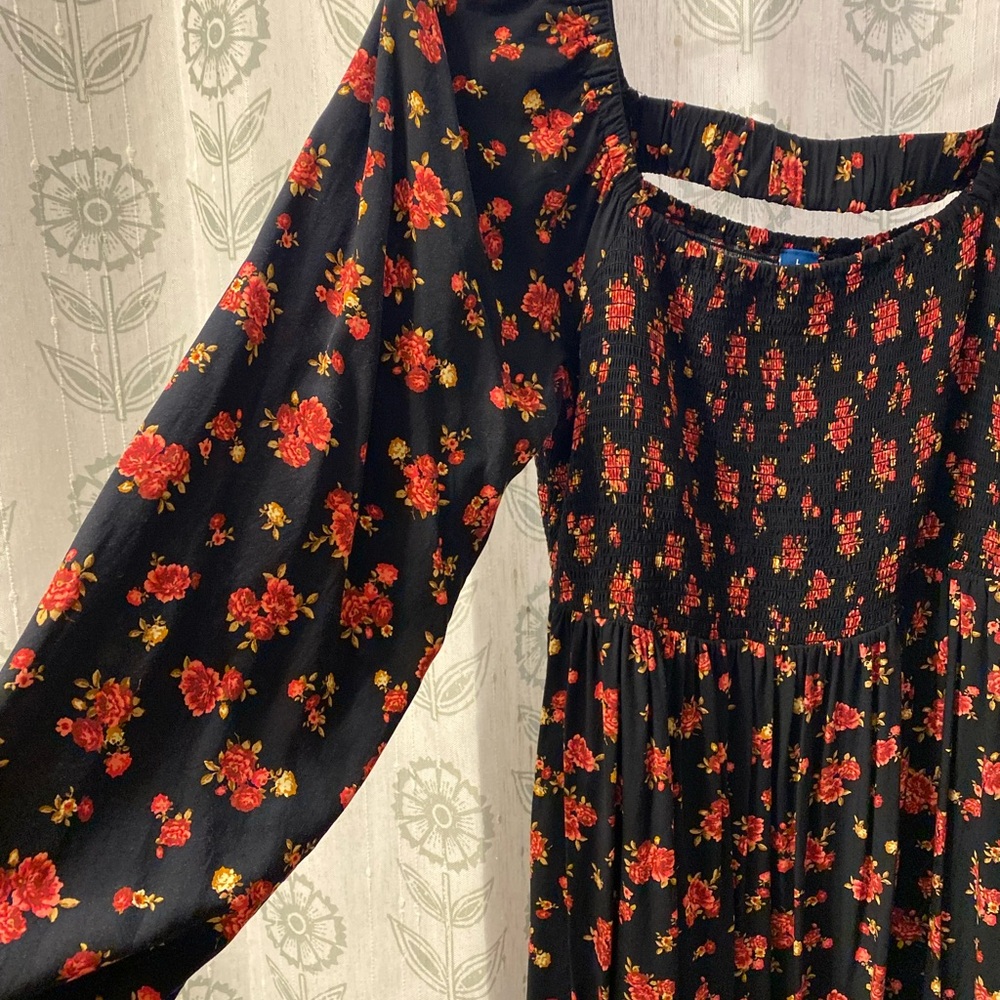 Floral Black and Red Women's Smocked Dress - Picture 3 of 5